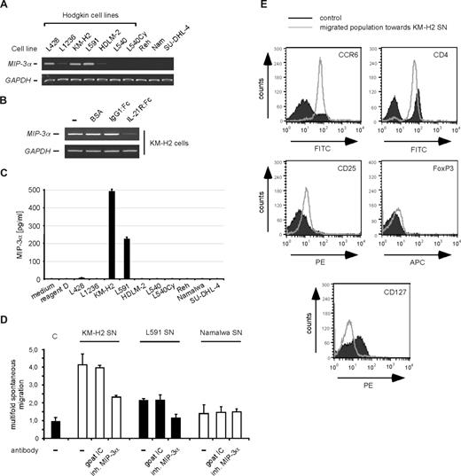 Figure 3. Functional activity of MIP-3α produced by HRS cells. (A) RT-PCR analysis of MIP-3α mRNA expression in various Hodgkin and non-Hodgkin cell lines, as indicated. Expression of GAPDH was analyzed as a control. (B) MIP-3α is regulated by IL-21. KM-H2 cells were left untreated, incubated with BSA (carrier for the :Fc constructs), or treated with 50 μg/mL of the IgG1:Fc control or the specific IL-21R:Fc construct, as indicated. After 6 hours, mRNA was prepared and analyzed by RT-PCR for expression of MIP-3α. Expression of GAPDH was analyzed as a control. (C) Measurement of secreted MIP-3α by ELISA. For the analysis of the secreted amount of MIP-3α by the various cell lines, supernatants were analyzed by a MIP-3α–specific ELISA. The amount of MIP-3α in the supernatants is shown in picograms per milliliter. As controls, standard medium and the reagent diluent for the standard (reagent D) were included. Error bars denote SD. (D) Chemotaxis assay of PMNCs toward SN of the HRS cell lines KM-H2 (□) and L591 (■) and the non-Hodgkin cell line Namalwa (□), as indicated. The migration of freshly isolated PMNCs toward SNs, each without (−) or with preincubation with a neutralizing MIP-3α antibody or the respective control antibody, is shown as fold migration relating to the spontaneous migration toward medium, which was set at 1.0. All assays were performed in triplicate. Error bars denote SD. (E) MIP-3α–induced migration of Treg cells toward KM-H2 cells. Migrated cells and cells incubated in KM-H2 SN for the time of the assay (control) were analyzed by FACS for expression of CCR6, CD4, CD25, FoxP3, and CD127, as indicated.
