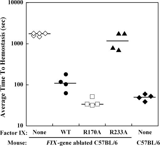 Figure 4. Effect of recombinant factor IX mutants at 10% plasma levels on the average time to hemostasis (ATTH) after saphenous vein incision in the hemophilia B mouse. Wild-type or Factor IX gene–ablated C57BL/6 mice were subjected to incision of the distal saphenous vein, and repeat bleeding times were determined with serial clot disruptions for 30 minutes, as described in “Saphenous vein hemostasis and thrombosis models.” The median ATTH (solid lines) for wild-type and Factor IX gene–ablated C57B6 mice was 51 seconds and more than 1800 seconds, respectively. Factor IX gene–ablated C57BL/6 mice were injected with recombinant factor IX wild-type, R170A, or R233A at doses calculated to result in 10% normal plasma levels before saphenous vein incision. Injection of factor IX into the gene-ablated mice shortened the median ATTH for factor IX wild-type and R170A to 111 seconds and 34 seconds, respectively (P ≤ .008, Mann-Whitney test). Median ATTH for factor IX R233A was 1304 seconds (not significant). The y-axis for ATTH represents a log scale.