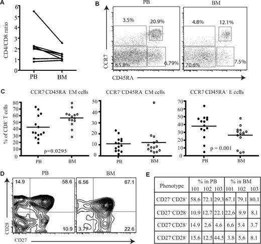 Figure 1. Proportion of memory CD8+ T cells in the BM. (A) Ratio of CD4+ T cells and CD8+ T cells in paired blood and BM samples (n = 7). (B) Flow cytometric profiles showing the gating of memory CD8+ T cells. After gating on CD8+ T cells, the dual expression of CD45RA and CCR7 was used to identify memory T-cell subsets. CD8+ T cells that were CCR7+CD45RA+ were considered naive T cells, CCR7+CD45RA− were central memory cells, CCR7−CD45RA− were effector memory cells, and CCR7−CD45RA+ were effector memory cells with RA phenotype. Percentages represent proportion of each subset within CD8+ T-cell population. (C) Based on the expression of CD45RA and CCR7, the proportion of naive and memory CD8+ T cells were compared between paired blood and BM samples (n = 14). Line represents the median. (D) Dual expression of CD27 and CD28 were compared on effector memory CD8+ T cells from paired blood and BM samples. Percentages represent proportion of each subset within CD8+ T-cell population. (E) The differentiation status of effector memory CD8+ T cells from blood and BM were compared. Table shows the proportion of effector memory CD8+ T cells at various stages of differentiation in 3 paired blood and BM samples—HM101, HM102, and HM103.