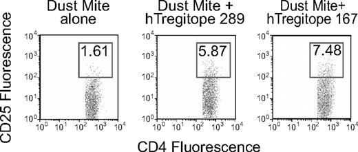 Figure 4. Expansion of TReg (CD4/CD25Hi cells) following coincubation with Tregitope. The expansion of CD4+CD25Hi T cells among PBMC restimulated with dust mite lysate following primary incubation of PBMC with either dust mite lysate alone or dust mite lysate and hTregitope 289, or dust mite lysate and hTregitope 167. FoxP3 was not assessed. Numbers in boxes are the percentage of cells in that gate.