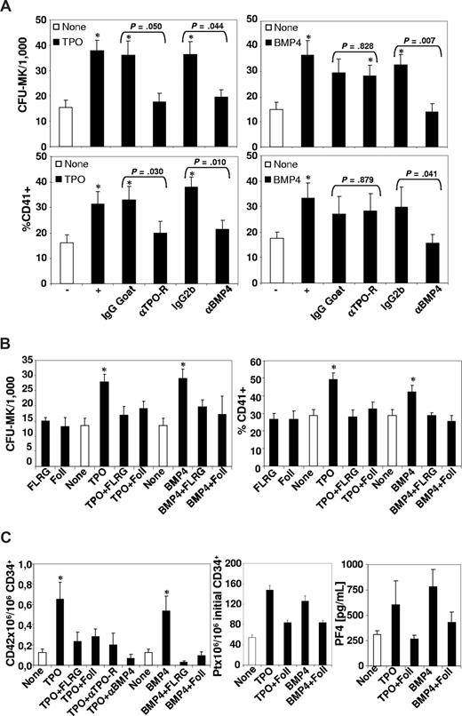 Figure 4. Inhibition of TPO effects on MK differentiation by extracellular inhibitors of the BMP pathway. Purified CD34+ cells were incubated 3 or 7 days in 4GF serum-free medium in the presence or not (−) of 100 ng/mL of TPO or BMP4 alone, or with specific exogenous inhibitors. (A) Cells were incubated with TPO or BMP4 alone (left and right panels, respectively) and in the presence of blocking goat anti–TPO-R antibody and its isotype control goat IgG (20 μg/mL), or blocking monoclonal mouse anti-BMP4 antibody and its isotype control mouse IgG2b (1 μg/mL). After 3 days of culture, cells were assayed for their CFU-MK content (top panel). Results, expressed as numbers of CFU-MK/1000 seeded cells, represent the mean value plus or minus SEM of 10 experiments. After 7 days, cells were harvested and flow cytometry was used to determine the proportion of CD41+ cells in viable cells (gated; bottom panel). Data represent the mean percentage of positive viable cells plus or minus SEM of 9 experiments. The P value of statistical differences between cells treated by simultaneous addition of TPO or BMP4 with isotype control antibodies or with specific blocking antibodies is directly mentioned in the figure. (B) Cells were incubated in the presence of 50 ng/mL of follistatin (Foll) or follistatin-related gene (FLRG). After 3 days of culture, cells were assayed for their CFU-MK content (left panel) and after 7 days for the percentage of CD41+ viable cells (gated; right panel). Results, expressed as numbers of CFU-MK/1000 seeded cells or percentage of positive viable cells, represent the mean value plus or minus SEM of 5 experiments. (C) After 7 days, cells were harvested and counted, and platelets and supernatant were collected for PF4 quantification. Results are expressed as the total number of platelets × 106 per 106 initial CD34+ and represent the mean of 4 independent experiments. The proportion of CD42b+ cells in viable cells (gated) was determined by flow cytometry. The total number of CD42b+ cells was calculated and reported to the initial number of CD34+ cells. Data represent the mean number of positive CD42b cells/106CD34+ plus or minus SEM of 6 experiments. The supernatant was cleared by 10 minutes of centrifugation at 3000g, then placed in 96-well plates for ELISA quantification of PF4 as described in “BMP4 and PF4 quantification.” Results expressed in pg/mL of PF4 represent the mean value plus or minus SEM of 3 experiments. * indicates statistically significant difference from those in nontreated cells (P < .05).