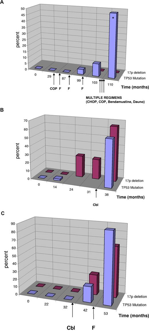 Figure 2. Clonal evolution of TP53 mutation and 17p deletion in patients with CLL. Sequential analyses of TP53 mutation status and 17p deletion in patients with CLL. Treatment is indicated by arrows. Cbl indicates chlorambucil; F, fludarabine; Dauno, daunorubicin. (Blue) TP53 mutation in percent of total DNA as quantified by sequencing including the sequencing of clones. (Red) Percentage of cells with single signal for TP53 (cases with no evidence of 17p deletion were quantified as 0%). (A) Evolution of monoallelic TP53 mutation in the absence of 17p deletion. Clinically, the patient had chemorefractory disease with the emergence of the TP53 mutation and poor survival despite multiple different substances supporting the relevance of the monoallelic TP53 mutation. At the last mutation analysis, the patient had 2 TP53 mutations (*) on different alleles (p.Cys176Phe, p.Lys139Asn). (B) Evolution of biallelic TP53 inactivation. The mutation preceded the detection of a 17p deletion and was only detectable by cloning (month 14). The deletion was constant at 2 time points and increased (was selected for) after treatment with chlorambucil. (C) Evolution of 17p deletion and TP53 mutation in a patient with CLL after therapy with chlorambucil and fludarabine.