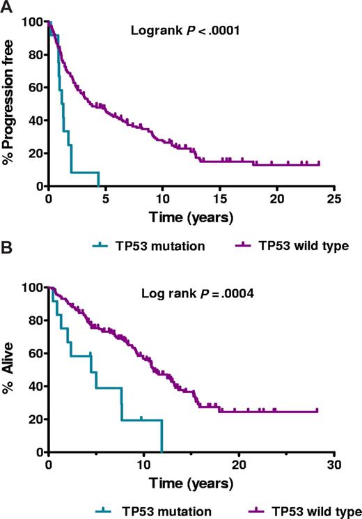 Figure 1. Survival. (A) Progression-free survival by TP53 mutational status. (B) Overall survival by TP53 mutational status.