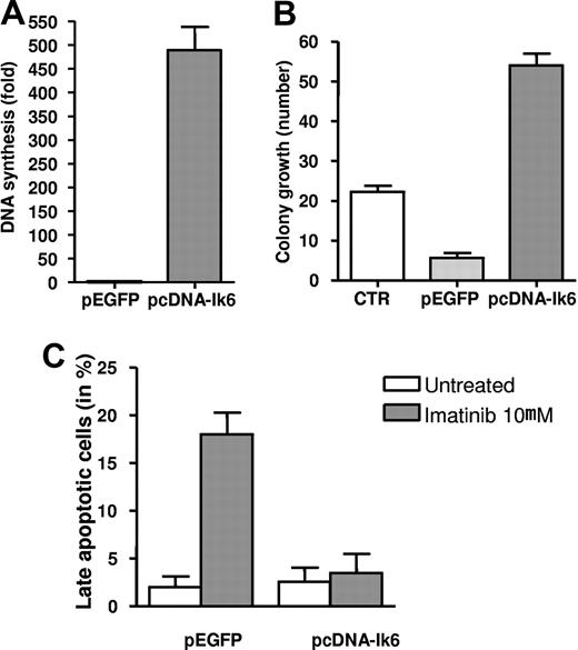 Figure 5. Transfection of Ik6 in an imatinib-sensitive Ik6-negative Ph+ ALL cell line. Induction of DNA synthesis (A) and colony growth (B) in pcDNA-Ik6 SUP-B15 transfected cells. Mean value of colony growth from control cells and after incubation with imatinib, nilotinib, and dasatinib. (C) Apoptotic rates evaluated by FACS for the detection of annexin V–positive cells in pcDNA-Ik6 SUP-B15–transfected cells and in cells transfected with the empty vector (pEGFP) after incubation with imatinib.