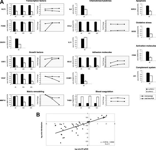 Figure 3. Validation of microarray results by RT-qPCR. (A) Relative mRNA levels corresponding to representative genes from msiRNA-2–treated (▬) and siRNA-2–treated (▭) HUVECs stimulated with (CD154+) T cells for 4, 10, and 16 hours were assessed by real-time RT-qPCR using the housekeeping cyclophilin A gene (CYPA) as a control. Results are mean values plus or minus SEM from 2 independent experiments performed in triplicate. In those genes validated at the 3 stimulation times, the comparative expression kinetics between microarrays (■) and RT-qPCR (▲) in terms of mean fold change is shown. (B) Dot-plot of the expression values in log2 ratio between microarray hybridization (ordinate) and RT-qPCR (abscissa) from all validated genes irrespective of the stimulation time used. Linear regression demonstrates a significant correlation.