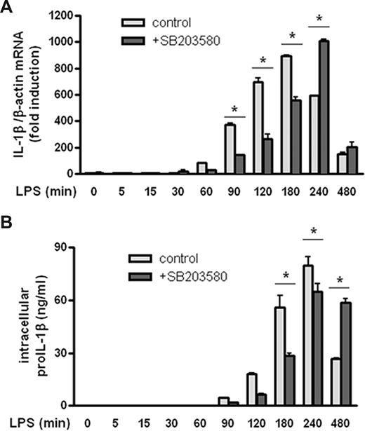 Figure 3. p38 MAPK inhibition decreases proIL-1β transcription and translation. THP-1 cells were cultured in the presence of LPS (200 ng/mL) for up to 8 hours. p38 MAPK inhibitor was added 1 hour before LPS treatment. Cells were either snap frozen for determination of IL-1β mRNA content (A) or lysed by adding lysis buffer for determination of proIL-1β protein levels (B). Data are mean plus or minus SEM. Data shown are from 1 of 2 experiments performed in duplicate (*P < .05).
