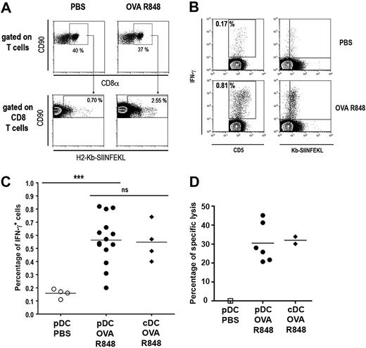 Figure 7. Cross-priming of a primary CD8+ T response by R848-activated pDCs. Naive 129sv mice were immunized by 2 consecutive intravenous injections (at days 0 and 7) of pDCs or cDCs purified from mice injected with either PBS alone or OVA (9 mg) and 10 μg R848. Spleen from immunized mice were analyzed 1 week after the last immunization. (A) Splenocytes were labeled with anti-CD90, anti-CD8α mAbs, and H2-Kb-SIINFEKL-pentamer and analyzed by flow cytometry. First row: CD8α+ CD90+cells were gated among total T cells. Second row: Kb-SIINFEKL-pentamer+ cells were gated among CD8+ T cells. Percentages of gated cells are indicated in each quadrant. (B,C) Splenocytes were restimulated with OVA peptide (1 μg/mL) for 24 hours and with brefeldin A for the last 4 hours. Cells were then labeled with anti-CD5, anti-CD8α mAbs, and H2-Kb-SIINFEKL-pentamer. Intracellular anti–IFN-γ staining was performed before analysis by flow cytometry. CD8α+ cells were gated among total T cells and percentage of IFN-γ+ within CD5+ T cells is shown. IFN-γ is plotted against H2-Kb-SIINFEKL-pentamer to visualize costaining (B). Pooled results showing percentages of IFN-γ+ cells among CD8+ T cells from 2 independent experiments are plotted (C). (D) Specific lysis of OVA257-264–loaded cells was assayed by in vivo killing. Results from individual mice are shown for each group.