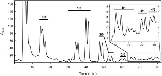 Figure 3. HPLC of human leukocyte monosialoglycosphingolipids. The purified monosialo GSLs from human leukocytes were resolved on a LiChrosorb NH2 HPLC column using an acetonitrile/aqueous sodium phosphate gradient as eluent.26 UV absorbance at 215 nm is proportional to the monosialo GSL concentration in the identified peaks. Species detected by MALDI-TOF MS of the resolved fractions are designated above the chromatogram, with structure abbreviations (n/m) as defined in Figure 1 legend.