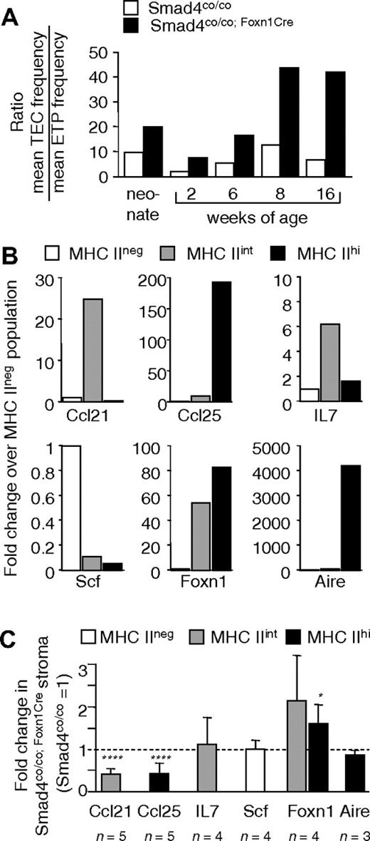 Figure 5. Qualitative changes in gene transcription in Smad4-deficient TECs. (A) Relationship between the average TEC and ETP frequencies in thymi from Smad4co/co and Smad4co/co;Foxn1Cre mice at different ages. Three to 5 mice per group were used at each time point. (B) Fold change of various transcripts in sorted MHCIIint () and MHCIIhi (■) TEC populations from WT mice compared with sorted MHCIIneg stroma (□). (C) Fold change of various transcripts in TEC subpopulations ( and ■) and in nonepithelial CD45neg stroma (□) from Smad4co/co;Foxn1Cre mice compared with Smad4co/co mice. Values are means of 3 to 5 independent experiments. Bars represent SD. *P < .05, **P < .01, ***P < .005, ****P < .001.