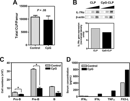 Figure 3. CpG treatment preferentially depletes late-stage B lymphoid precursors in BM and simulates production of some inflammatory cytokines. (A,B) Mice were given single intraperitoneal injections of CpG, and 48 hours later lymphoid progenitors in BM were evaluated with respect to IL-7Rα expression by flow cytometry and RT-PCR. (C) Using stringent flow cytometry gating criteria, numbers of pro-B/large pre-B, small pre-B, and B cells in BM were evaluated. Data are mean plus or minus SEM (*significant difference, P < .05). (D) Levels of proinflammatory cytokines and Flt3-L (FL) in sera were tested by ELISA. Data are representative of more than 3 experiments with each having N = 3.