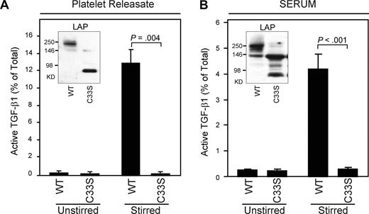 Figure 7. TGF-β1 from mice expressing an LAP (C33S) mutation is present in small latent complexes rather than large latent complexes and cannot be activated by stirring. (A) Platelet releasates from wild-type (WT) or mutant (C33S) mice were either unstirred or stirred at 1200 rpm for 2 hours at 37°C, and active and total TGF-β1 were measured by ELISA (WT increased from 0.2% to 13%; mutant was 0.2% both before and after stirring; P < .005; n = 3). Platelet releasates were also immunoblotted with anti-LAP antibody. LAP migrated at an Mr compatible with large latent complex (Mr 270 kD) in WT mice but at an Mr compatible with small latent complex (Mr 80 kD) in C33S mutant mice (inset). (B) Sera from WT or C33S contained similar amounts of total TGF-β1 (WT mice: 63 ± 6 ng/mL; C33S mice: 67 ± 16 ng/mL). Mouse sera were either unstirred or stirred for 120 minutes at 37°C and TGF-β1 activity was measured by ELISA. TGF-β1 activity increased from 0.25% to 4.2% in WT mice but increased only from 0.23% to 0.3% in mutant mice (P < .001; n = 6). Sera were also immunoblotted with anti-LAP antibody and yielded results similar to those obtained with platelet releasate, but with several additional unidentified bands (inset). Error bars represent SD.