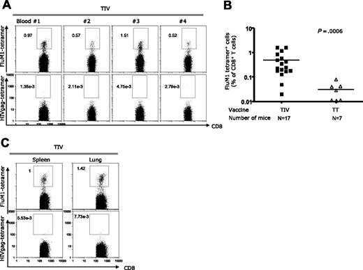 Figure 2. The expansion of FluM1-specific CD8+ T cells in TIV-vaccinated humanized mice. Experiment as in Figure 1, except that mice received TIV vaccine. (A) Specific CD8+ T cells binding FluM1-tetramer and HIVgag-tetramer by flow cytometry. Representative mice from an experiment with 4 mice vaccinated with TIV. (B) The frequency of FluM1-specific CD8+ T cells in the blood at day 12 after vaccination from 5 experiments with 4 different donors. Two-tailed nonparametric Mann-Whitney test. (C) CD8+ T cells in the spleen and lungs at day 14 after vaccination.
