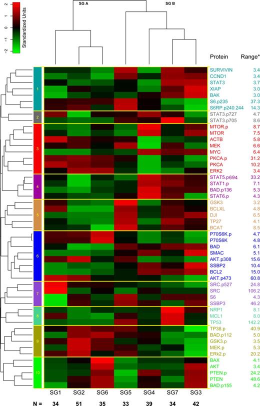 Figure 4. Protein expression against SGs. Proteins were clustered into 10 constellations shown by the 10 colored boxes along the left axis and the yellow lines surrounding each constellation. Based on the score for each constellation for each patient, an overall score was generated, and this divided patients into 7 protein SGs (bottom of heatmap). The average score for each protein constellation within each SG is shown. An additional heatmap showing the expression of each protein in each individual patient is available online as Figure S2. The fold change between −2 SDs and 2 SDs for each individual protein, corresponding to the −2 (green) to +2 (red) color gradient bar shown in the upper left corner, is listed to the right of the protein name.