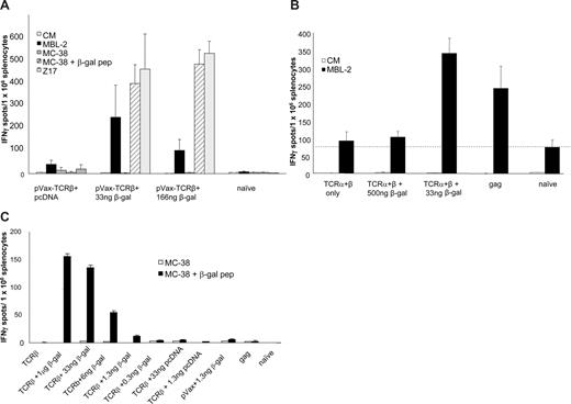 Figure 4. In vitro assessment of immune responses induced by the TCR-DNA vaccines. (A) Mice were immunized as in Figure 3 with the TCR-β plasmid plus the β-gal plasmid (33 or 166 ng β-gal/shot) or with pcDNA-gag, and tumor cell (MBL)–reactive T cells were detected ex vivo by IFN-γ ELIspot using unfractionated splenocytes. Data (mean ± SEM) are from 3 to 6 mice per group (quadruplicate wells). Target cells presenting β-gal (peptide-pulsed MC-38 or β-gal–transfected Z17 cells) were used to monitor the anti–β-gal response that was induced by the helper plasmid. (B) As in panel A, mice were coimmunized with β-gal, but a mixture of TCR-α and TCR-β plasmids was delivered using β-gal plasmid at a “high dose” (500 ng/shot) or a “low dose” (33 ng/shot). Splenocytes from mice immunized with pcDNA-gag served as a positive control (mean ± SEM of n = 3 mice/group). (C) β-gal–specific T-cell response in mice receiving TCR-β plasmid and titered amounts of β-gal helper plasmid as measured by IFN-γ ELIspot.