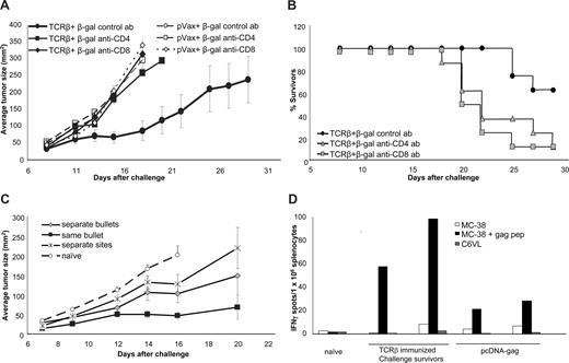 Figure 5. T-cell dependence of TCR-plasmid–induced tumor protection. (A) Plasmid-immunized mice (1 μg TCR-β + 6 ng β-gal/shot) received anti-CD4 (□) or anti-CD8 (○) depleting antibodies 2 days before subcutaneous tumor challenge with 105 MBL-2 cells. Shown are average tumor sizes (n = 8 mice/group) with SE. (B) Survival of TCR-β plus β-gal–immunized mice challenged with MBL-2 tumor cells after (“acute”) depletion of effector CD4 or CD8 cells. (C) To examine the requirement for codelivery of tumor-antigen plasmid and helper plasmid, mice (n = 8/group) were immunized with gold particles carrying both plasmids (), with a mixture of gold particles separately coated with the 2 plasmids () or by delivering the 2 plasmids to 2 separate sites on the mice (). (D) Tumor challenge resulted in epitope spreading. Splenocytes from TCR-β–plasmid immunized challenge survivors (ie, tumor free at least 3 weeks after challenge with MBL-2 cells subcutaneously) or splenocytes from pcDNA-immunized but not tumor-challenged mice were tested in ELIspot assays for their antigen specificity. Target cells (MC-38) were pulsed with gag-peptide, or a gag-negative, TCR-mismatched T-cell lymphoma (C6VL) was used to detect challenge-induced gag-specific T cells. Shown are IFN-γ–ELIspot results from individual mice (average of triplicate wells).