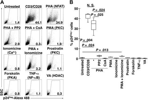 Figure 4. Signaling agonists and their effects on HIV-1 reactivation. NP cells were infected with DHIV and 7 days after infection cells were left untreated, costimulated (CD3/CD28) in the presence of the indicated agonist for the protein or pathway indicated between parentheses for 3 days, and assessed for intracellular p24 gag expression by flow cytometry. In the case of cells stimulated with PHA, cells were also costimulated in the presence of the inhibitors PP2 (Lck) or CsA (NFAT). (A) Representative experiment. The percentage of p24-postive cells is indicated in each panel. (B) Box-plots corresponding to 3 different donors. Horizontal lines indicate median values and significance by 2-tailed paired-samples t test analysis (P values provided).