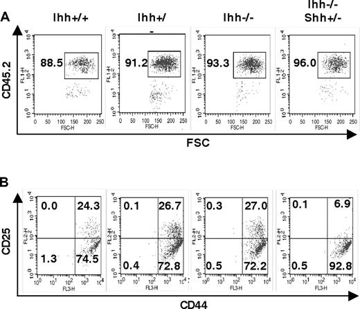 Figure 2. Redundancy between Shh and Ihh in early thymocyte development. (A,B) Flow cytometry of E13.5 Ihh+/+, Ihh+/−, Ihh−/−, and Ihh−/−Shh+/− thymi. (A) Dot plot of anti-CD45.2 staining versus FSC, showing the gate used for analysis of lymphocyte precursors. (B) CD44 and CD25 expression of thymocytes, gated on CD45.2+ cells. Thymus sizes were: Ihh+/+: 4.8 × 103; Ihh+/−: 6.4 × 103; Ihh−/−: 4.8 × 103; and Ihh−/− Shh+/−: 6.0 × 103.