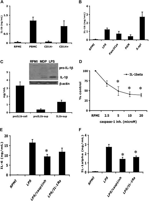 Figure 2. LPS induces bioactive IL-1β in primary monocytes. (A) Human PBMCs, purified CD14+ monocytes, or the CD14− lymphocytes were incubated with 10 ng/mL LPS, and the IL-1β concentrations were measured in the supernatant by specific ELISA after 24-hour incubation. (B) CD14+ monocytes were stimulated with various stimuli for the induction of IL-1β. (C) Human PBMCs were incubated with 10 ng/mL LPS and the levels of mature and precursor IL-1β or were measured in the supernatant by specific ELISA after 24-hour incubation. (Inset) Western blot of IL-1β and pro-IL-1β the supernatant derived from PBMCs stimulated with LPS (100 ng/mL) or MDP (10 μg/mL). (D) Dose-response of caspase-1 inhibitor ZVAD-fmk on the 24-hour levels of LPS-induced IL-1β from PBMCs. (E,F) The inhibitory effects of the caspase-1 inhibitor (20 μM) and of IL-1Ra (10 μg/mL) on the induction of IL-6 (E) and intracellular IL-1α measured in cell lysates (F) by 10 ng/mL LPS. Data from all 4 panels are presented as mean plus or minus SEM of cells harvested from 6 volunteers. *P < .05 compared with LPS stimulation alone.