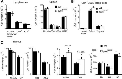 Figure 2. T-cell and thymocyte subsets. (A,B) Lymph nodes, spleen, and (C) thymus from wild-type and p38αY323F mice were homogenized. Cells were counted, then stained for CD4, CD8, and B220 (n = 10; bars indicate mean ± SEM). (C) Double-negative thymocytes were stained for CD44 and CD25 and the number of cells in different developmental stages are shown (n = 4; bars indicate mean ± SEM; P value was calculated with the Student t test). DN1 = CD44+CD25−, DN2 = CD44+CD25+, DN3 = CD44−CD25+, DN4 = CD44−CD25−.