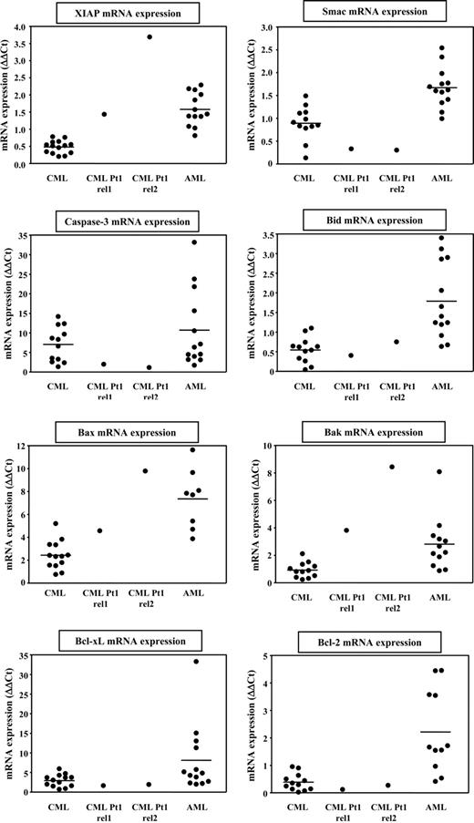 Figure 6. Antiapoptotic gene XIAP is highly expressed in CD34+ CML relapse cells from Pt1 compared with CML and AML cells from other patients. Expression of apoptosis-regulating genes was determined by real-time quantitative RT-PCR in CML cells from Pt1 obtained at relapse 1 and relapse 2, and a panel of CML and AML samples. Expression is depicted as ΔΔCt values and was quantified relative to AML cell line KG1, which was set at 1 ΔΔCt, and normalized for the expression of housekeeping gene HMBS.
