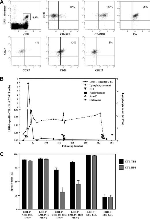 Figure 7. LRH-1–specific CTL TB1 of AML Pt3 efficiently recognizes LRH-1+ CD34+ AML and CML progenitor cells. (A) LRH-1–tetramer+ CD8+ T cells from Pt3 were phenotyped for their expression of CD45RA, CD27, Fas, CD127, CD28, CD45RO, and CCR7. (B) Longitudinal follow-up of LRH-1–tetramer+ CD8+ T cells in vivo from Pt3 in relation to clinical outcome. Depicted is the percentage of LRH-1–tetramer+ T cells in the CD8+ T-cell population (left y-axis) and the lymphocyte count (right y-axis) together with treatments and the occurrence of chloromas. (C) Specific lysis of CD34+ leukemic progenitor cells with or without preincubation with IFN-γ in the presence of LRH-1–specific CTL TB1 (■) or RP1 () was determined in flow cytometry–based cytotoxicity assays. Lysis is calculated compared with medium after 2 days of coculture at an E/T ratio of 0.5:1. Data are depicted as mean plus or minus SD of triplicate wells.