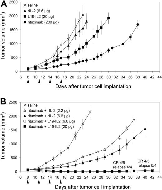 Figure 3. Therapeutic activity of L19-IL2, unconjugated rIL-2 and rituximab in mono- and combination therapy against localized Ramos lymphoma xenografts. (A) SCID mice bearing established sc Ramos lymphoma xenografts (50-100 mm3) were injected IV with 20 μg of the fusion protein L19-IL2 (■), the corresponding dose (6.6 μg) of nontargeted rIL-2 (▴), 200 μg rituximab (●), or control saline (×) on days 8, 11, 14, and 17 (Q3D × 4). While the nontargeted administration of free rIL-2 did not exhibit significant therapeutic activity, L19-IL2 significantly reduced tumor growth rate (L19-IL2 vs saline: P = .024; L19-IL2 vs rIL-2: P = .044). (B) For combination therapy studies, lymphoma-bearing mice were injected IV with either 200 μg rituximab + low-dose unconjugated rIL-2 (2.2 μg; ▵), 200 μg rituximab + high-dose unconjugated rIL-2 (6.6 μg; ▴), 200 μg rituximab + low-dose L19-IL2 (6.6 μg, corresponding to 2.2 μg rIL-2; □), 200 μg rituximab + high-dose L19-IL2 (20 μg, corresponding to 6.6 μg rIL-2; ■), or saline (×) on days 8, 11, 14, and 17 (Q3D × 4). Combination therapy of L19-IL2 and rituximab exhibited a strong therapeutic benefit as compared with the combination of rIL-2 and rituximab (L19-IL2 vs rIL-2: P < .001 for all dose levels) and induced CRs in 4 of 5 cases at both dose levels. While mice with CR treated with low-dose L19-IL2 and rituximab relapsed after a remission duration of 21, 48, 50, and 81 days, respectively, all CRs in the higher dose L19-IL2 group were durable for a period of 1 year at the time of the writing of this article. Data represent mean tumor volumes (± SE). Arrows, days of treatment.