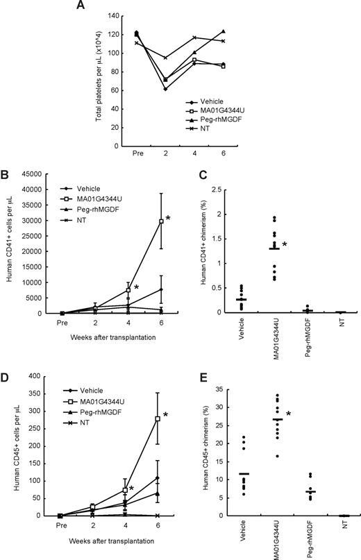 Figure 1. Peripheral blood analysis. (A) Total platelet counts in mice that received a transplant of human CBCD34+ cells. NT indicates not transplanted. (B) Counts of human CD41+ cells (platelets) in peripheral blood. The graph shows the mean plus or minus SD. (C) Percentage of human CD41+ cells in peripheral blood at week 6 after transplantation. • represent each individual. The bars represent the average values. (D) Counts of human CD45+ cells in peripheral blood (mean ± SD). (E) Percentage of human CD45+ chimeric cells in peripheral blood at week 6 after transplantation. Asterisks show statistically significant differences in comparison with the vehicle control group (P < .05).