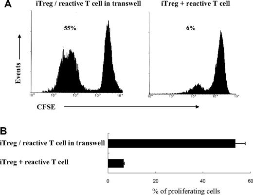 Figure 6. Requirement for cell-to-cell contact for suppressor activity of GP-iTreg. Transwell experiments were performed in 24-well plates. A total of 106 CFSE-labeled GPIIb/IIIa-reactive CD4+ T cells were stimulated with 105 GPIIb/IIIa-pulsed DCs in the lower chamber. A total of 106 GPIIb/IIIa-specific iTreg activated with 105 GPIIb/IIIa-pulsed DCs were either added directly to the lower chamber or placed in the upper chamber. After 3 days of culture, CFSE-labeled GPIIb/IIIa-reactive T cells in the lower chamber were harvested. The fluorescence intensity of GPIIb/IIIa-reactive T cells was determined by flow cytometry. Proliferation was measured as the percentage of proliferating GP-reactive T cells. Results are representative of 16 independent experiments (A) and shown as mean plus or minus SD with error bars representing SD (B).