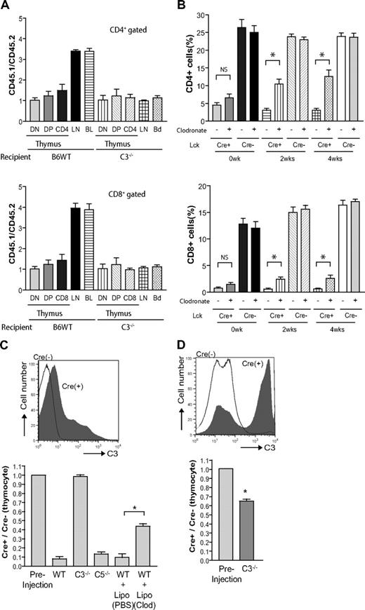 Figure 6. Differential survival of thymic and peripheral T cells in the mutant mice and the underlying mechanism. (A) Bone marrow cells from Lck-Cre+-Crryflox/flox mice (CD45.2) and WT mice (CD45.1) were mixed at 1:1 ratio and transplanted into lethally irradiated WT or C3−/− recipients (n = 4 per group). After 2 months, the ratios of CD45.1/CD45.2 thymocytes (DN, DP, CD4 single positive, CD8 single positive), and peripheral (lymph node and blood) CD4+ or CD8+ T cells were determined by flow cytometry. CD45.1 T cells were enriched in the lymph nodes (LNs) and blood (BL) but not in the thymus of WT recipients. As expected, no enrichment was observed at any sites in C3−/− recipients. (B) Lck-Cre+-Crryflox/flox and Lck-Cre−-Crryflox/flox mice (n = 4 per group) were treated twice weekly with clodronate liposome (+) or control liposome (−) for 4 weeks, and blood CD4+ and CD8+ T-cell counts were monitored by flow cytometry. Clodronate liposome but not control liposome treatment time dependently increased blood CD4+ and CD8+ T-cell counts (NS, not statistically significant; *P < .05, Student t test). Clodronate-liposome treatment had no significant effect on blood T-cell counts in Lck-Cre−-Crryflox/flox mice. (C) Lck-Cre+-Crryflox/flox and Lck-Cre−-Crryflox/flox mouse thymocytes were labeled with CFSE, mixed at 1:1 ratio, and injected into different recipient mice (n = 2 per group). The ratios of Cre+/Cre− thymocytes (determined with the use of Crry as a marker among CFSE-positive cells) in the spleens of the recipient mice were determined 1 hour after cell injection. Some WT mice received clodronate-liposome or clodronate-PBS (control) treatment 24 hours before thymocyte transfer. (D) Same experimental procedure as in panel C except that the thymocytes were first incubated in 5% WT mouse serum at 37°C for 45 minutes before adoptive transfer. The top FACS histograms in panels C and D show C3 deposition levels on the thymocytes with (D) or without (C) ex vivo incubation in WT mouse serum. All values shown are mean plus or minus SEM.