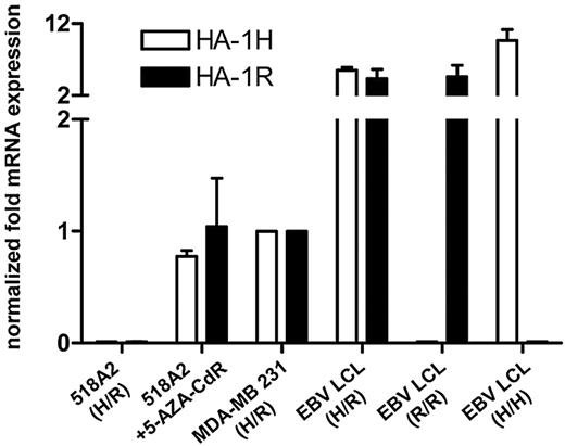 Figure 5. 5-AZA-CdR induces both HA-1 alleles in HA-1neg tumor cells. mRNA expression of the HA-1 H and R alleles was determined by allele-specific qPCR. The x-axis indicates 518A2 melanoma cells before and after treatment with 100 μM 5-AZA-CdR for 8 days, MDA-MB 231 tumor cells and control EBV LCLs (HA-1H/R, HA-1R/R, and HA-1HH); y-axis, mRNA expression levels of the HA-1 H and R alleles in relation to the expression levels in MDA-MB 231. EBV LCLs indicate Epstein-Barr virus–transformed B cells. Error bars reflect SEM. Values for gene expression that do not show error bars reflect data in which the SEM was too small to be depicted graphically.