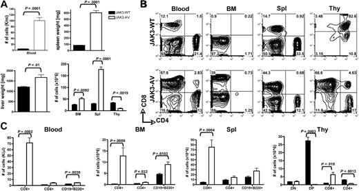 Figure 1. Expansion of lymphoid cells in JAK3-AV animals. (A) Comparison of total number of white blood cells (top left panel), spleen weights (top right panel), liver weights (bottom left panel), and total cells after RBC lysis in different organs (bottom right panel) in recipients of JAK3-WT–transduced bone marrow (■) versus JAK3-AV–transduced bone marrow (□). (B) Flow cytometric analysis of the different lymphoid compartments. All analyses are gated on GFP+ cells; plots are representative of at least 5 independent experiments. Percentages are indicated. (C) Subpopulation analysis of lymphocytes migrating to the different lymphoid organs in JAK3-AV or JAK3-WT recipients. BM indicates bone marrow; Spl, spleen; and Thy, thymus. Bar graphs represent the average and standard deviation obtained from at least 5 animals.