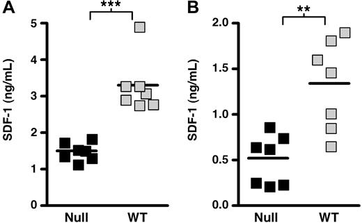 Figure 5. SHIP deficiency impairs in vivo production of SDF-1/CXCL12. (A) Scatter plots indicating the mean and range for the concentration of SDF-1/CXCL12 in the blood plasma of SHIP−/− and WT littermates. (B) Scatter plots indicating the mean and range for the concentration of SDF-1/CXCL12 in the BM plasma of SHIP−/− and WT littermates. The data are pooled from multiple assays derived from a minimum of 7 different samples for each genotype. Significance was established using the unpaired Student t test (**P < .005; ***P < .001). ■ represent SHIP−/− samples; , WT samples.
