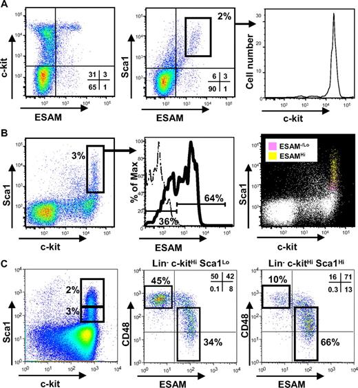 Figure 2. Specific expression of ESAM on HSC-enriched fraction of E14.5 fetal liver. Flow cytometric analysis was performed for Rag1/GFP− cells of E14.5 fetal liver using anti-c-kit, anti-Sca1, and anti-ESAM Abs. First, Rag1/GFP− cells were sorted from E14.5 fetal liver of Rag1/GFP knockin heterozygous fetuses with high purity. The sorted cells were incubated with a purified rat anti–mouse ESAM Ab (1G8) followed by goat anti–rat IgG-FITC. The cells were then stained with anti-c-kit-APC, anti-Sca1-PE, and 7-AAD. To minimize the nonspecific binding of anti-c-kit and Sca1 mAbs to the cells wearing goat anti–rat IgG-FITC, the cells were incubated with a rat anti–mouse FcRII/III Ab before the anti-c-kit and Sca1 staining. (A) The Rag1/GFP− cells were analyzed with respect to expression of ESAM, c-kit, and Sca1 (Left, middle). Expression of c-kit in the Sca1Hi ESAMHi cells (middle, inset) is presented (right). (B) The conventional c-kitHi Sca1+ fraction (left, inset) could be divided into 2 fractions, ESAM−/Lo and ESAMHi (middle). The cells were stained with an isotype control IgG (dashed line) or with the anti-ESAM Ab (solid line). The ESAMHi cells (yellow) were found as c-kitHi Sca1Hi, whereas the ESAM−/Lo cells (pink) were c-kitHi Sca1Lo (right). (C) Six-color flow cytometric analysis using an anti-ESAM Ab followed by goat anti–rat IgG-FITC, a PE-anti-CD48 Ab, biotin-anti-lineage marker Abs (TER119, Gr1, CD3, CD45R/B220) followed by SA-PETR, a PE-Cy7-anti-Sca1 Ab, an APC-anti-c-kit, and 7-AAD was performed for E14.5 fetal liver cells of WT C57B6 embryos. The profile of Lin− cells regarding c-kit and Sca1 expression is shown in the left. The Lin− c-kitHi Sca1Lo and Lin− c-kitHi Sca1Hi fractions gated in the left panel were analyzed with respect to expression of ESAM and CD48 (middle and right). The percentage of cells in each gate is indicated in each panel.