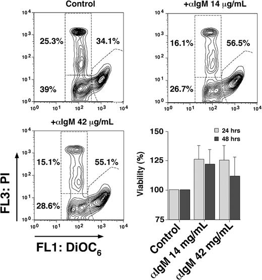 Figure 4. BCR engagement protects CLL cells from undergoing apoptosis. Presented are contour maps of CLL B cells from one patient defining the relative green (DiOC6) and red (PI) fluorescence intensities of CLL cells on the horizontal and vertical axes, respectively. The viability was determined after 24 hours of culture in medium alone (control) or medium supplemented with anti-IgM mAbs at the concentrations indicated above each of the contour maps. This stain allows us to gate on the vital cell population (DiOC6bright, PIexclusion), apoptotic cells (DiOC6dim, PIexclusion), and the dead cells (DiOC6dim, PIpositive). The percentage of each cell population is indicated next to each of these gates. In this case, anti-IgM stimulation protected approximately 20% of the cells from undergoing apoptosis, resulting in a viable population of 56.5% at 14 μg/mL anti-IgM and 55.1% at 42 μg/mL anti-IgM. The bar diagram on the lower right displays an increased viability of CLL cells after culture with anti-IgM in 4 different CLL samples. CLL cells were cultured in medium alone (control) or medium supplemented with anti-IgM mAbs at the indicated concentrations, and the viability was assessed after 24 and 48 hours by staining with DiOC6 and PI. Displayed are the means plus or minus SD of 4 different patient samples.