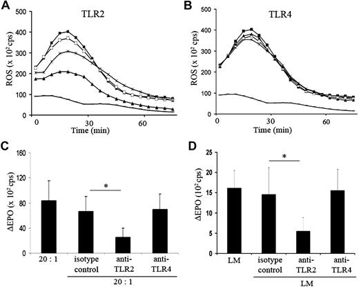 Figure 3. Involvement of TLR2 in the activation of eosinophils by M bovis BCG. (A) Kinetics of BCG-induced ROS release (ratio 10:1, ■) inhibited by an anti-TLR2 blocking antibody 20 μg/mL (▴), 10 μg/mL (*), or an isotype control antibody 20 μg/mL (□). Spontaneous ROS release by eosinophils is indicated (−). Results correspond to 1 representative of 3 experiments and are expressed in counts per second (cps). (B) BCG-induced ROS production (ratio 10:1, ■) inhibited by an anti-TLR4 blocking antibody 20 μg/mL (▴), 10 μg/mL (*), or an isotype control antibody 20 μg/mL (□). Spontaneous ROS release of eosinophils is indicated (−). Results are expressed as ROS cps values and one representative of 3 experiments was shown. (C) Inhibition of BCG-induced EPO release by anti-TLR2 and anti-TLR4 blocking antibodies (20 μg/mL) or an isotype control antibody. ΔEPO cps values (values from medium stimulation are subtracted from values obtained with each antibody). Results are expressed as mean plus or minus SEM (n = 5-6). (D) LM (1 μg/mL)–induced EPO release inhibited by anti-TLR2 or anti-TLR4 blocking antibodies (20 μg/mL) or an isotype control antibody. Results are expressed as ΔEPO cps values and as mean plus or minus SEM (n = 5). *P < .05.