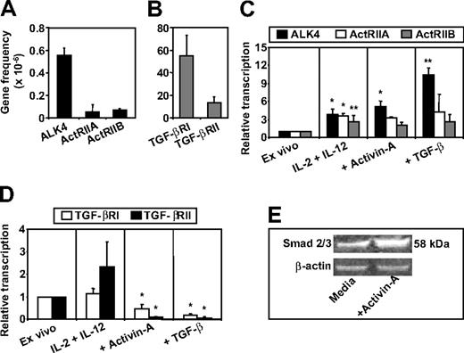 Figure 1. Activin-A and TGF-β receptor expression and activin-A–induced Smad signaling in NK cells. NK cells were purified from buffy coats of healthy donors and assessed for expression of activin type I (ALK4) and type II (ActRIIA and ActRIIB) or TGF-β type I (RI) and type II (RII) receptors mRNA by qRT-PCR (A-D). In brief, NK cells were lysed immediately after purification or after 16 hours of culture in media supplemented with IL-2 (20 U/mL) + IL-12 (10 ng/mL) with or without the addition of recombinant activin-A or TGF-β. RNA was then extracted and qRT-PCR performed. (E) Western blotting for detection of Smad 2/3 or β-actin expression. In brief, purified NK cells (5 × 105) were cultured in 24-well plates for 4 hours with either IL-2 alone or with IL-2 and recombinant human activin-A (50 ng/mL). NK cells were then lysed and protein extracted. Data are shown as either one representative experiment from 3 separate donors (E) or the mean plus or minus 1 SD of 3 separate donors (A-D). *P < 0.01 and **P < .02 versus ex vivo levels.
