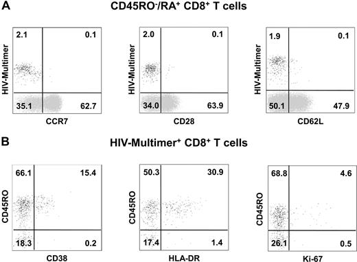 Figure 3. Differentiation and activation of CD45RO−/RA+ CD27+ HIV-specific CD8+ T cells in HAART-treated participants. (A) PBMCs were isolated from HAART-treated participants and labeled with HIV-multimer-PE; CCR7-FITC, CD28-FITC, or CD62L-FITC; CD45RO-ECD and CD8-PC5. Representative phenotypes gated on CD45RO−/RA+ CD8+ T cells. The majority of CD45RO−/RA+ HIV-specific CD8+ T cells did not express CCR7, CD28, or CD62L as opposed to global CD45RO−/RA+ HIV-multimer negative CD8+ T cells. (B) PBMCs were isolated from HAART-treated participants and stained with HIV-multimer-PE; CD38-FITC, HLA-DR-FITC, or Ki-67-FITC; CD45RO-ECD and CD8-PC5. Representative phenotypes gated on HIV-specific CD8+ T cells.