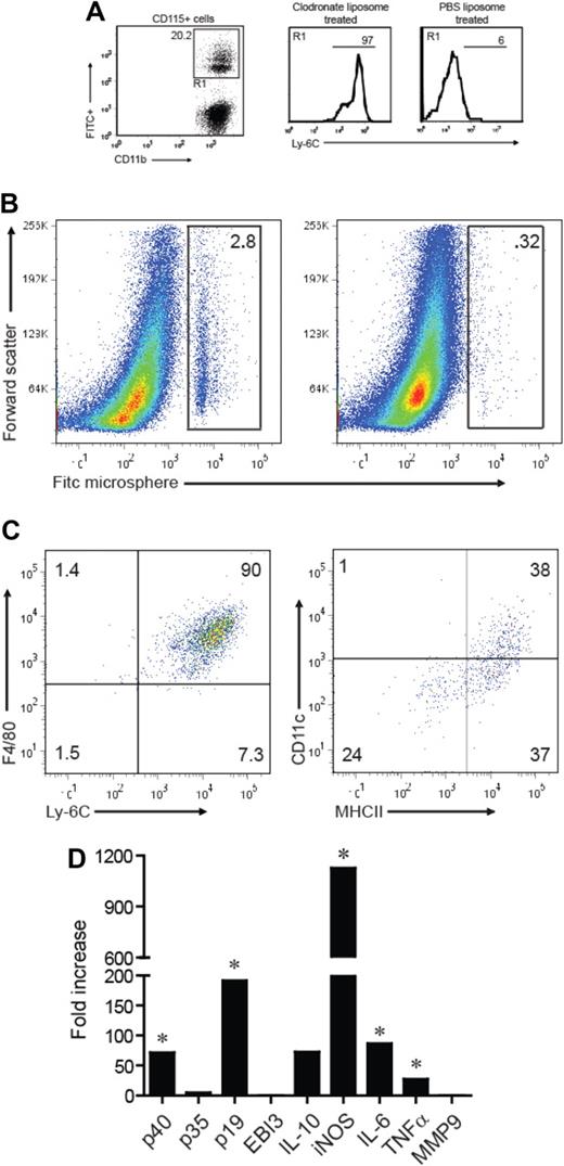 Figure 3. Ly-6C+ monocytes migrate to the CNS during EAE and up-regulate CD11c and MHC class II. Mice were treated with clodronate or PBS liposomes 24 hours after transfer of encephalitogenic T cells. Eighteen hours after liposome treatment, animals were injected with FITC-labeled microspheres. (A) Left: Expression of FITC and CD11b by CD115+-gated cells 5 days after liposome treatment and 4 days after FITC microsphere injection. Right: Ly-6C expression on FITC+CD115+ blood monocytes from clodronate versus PBS liposome-treated animals. Histograms are based on cells that fall within the R1 gate (left panel). (B) Spinal cord mononuclear cells were harvested from mice treated with clodronate (left) or PBS liposome (right) during peak EAE and analyzed for FITC expression. (C) The cell surface phenotype of CNS-infiltrating FITC+ cells (shown in the gate of panel B left) was determined by FACS. (D) CD11b+MHC class II+Ly-6C+ cells were sorted from the blood and CNS of mice with EAE and analyzed by real-time RT-PCR for the genes shown. The data are shown as fold expression in CNS-infiltrating cells over circulating cells. (A-D) All experiments shown were repeated 3 times with similar results. *P < .05, comparing mRNA levels in CNS versus blood Ly-6C+ monocytes.