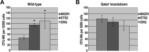 Figure 4. ETS2 and ERG promote CFU-Mk formation from wild-type but not Gata1-knockdown progenitors. (A) The number of megakaryocyte colonies generated by GFP+ wild-type fetal liver progenitors transduced with MIGR1, MIGR1-ETS2, or MIGR1-ERG. * P less than .05. (B) The number of megakaryocyte colonies generated by GFP+ Gata1-knockdown fetal liver progenitors transduced with MIGR1, MIGR1-ETS2, or MIGR1-ERG. Note that none of the differences are statistically significant.