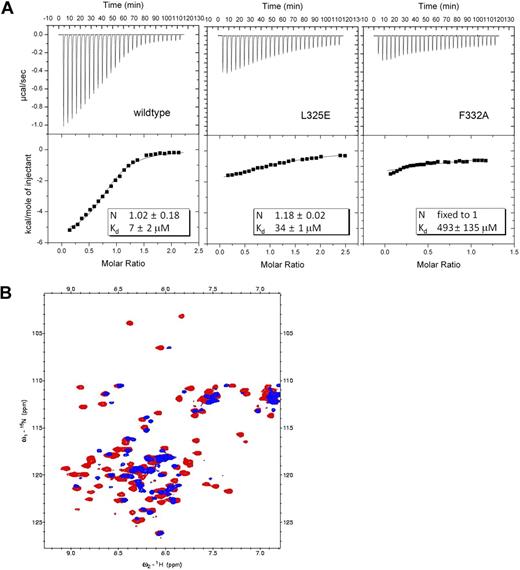 Figure 3. eTAFH mutations impair HEB binding. (A) ITC measurements of the binding of HEB peptide to wild-type and mutant eTAFH domains. In each panel, the top portion is the raw data, and the bottom portion is a plot of the binding corrected for dilution enthalpy (squares indicate experimental data; line, fit to a one-site binding model). The average N (stoichiometry) and Kd from 2 independent experiments (± SD) for each protein are shown in the box. The stoichiometry was fixed to 1 to fit the F332A mutant data. (B) Overlay of 15N-1H HSQC spectra of wild-type eTAFH domain (red) and the F277A mutant (blue). Most peaks in the F277A mutant are absent or shifted, indicating the structure is disrupted.