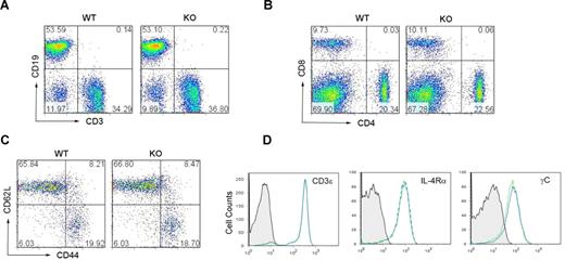 Figure 2. Phenotypic characterization of viperin−/− mice. (A,B) Representative CD3/CD19 (A) and CD4/CD8 (B) profiles in splenocytes from 6-week-old wild-type and viperin−/− mice. The numbers in quadrants indicate the percentage of each quadrant. (C,D) Surface expression of CD44, CD62L, CD3, IL-4Rα, and common γc was analyzed on the splenic CD4+ T-cell population from viperin−/− mice (solid line) and its wild-type controls (dotted line). Background staining is shown as hatched areas. Data are representative of 3 independent experiments.