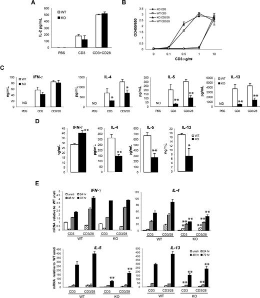 Figure 3. Decreased production of Th2 cytokines by viperin-deficient CD4+ T cells. (A) IL-2 production from CD4+ T cells after stimulation with anti-CD3 with or without anti-CD28 Abs for 24 hours. (B) BrdU incoporation assay for T cells primed with a serial concentration of anti-CD3 mAb or in conjunction with anti-CD28 (5 μg/mL). (C) Th1 and Th2 cytokine production in supernatants were analyzed after stimulation for 72 hours. The data shown are representative of more than 10 independent experiments, each using different mice. ND indicates not detectable. (D) Amount of IFN-γ and IL-4 was measured in culture supernatants of CD4+ T cells following stimulation with 5 ng/mL PMA plus 500 ng/mL ionomycin for 4 days. IL-5 and IL-13 production was determined after a 5-day culture. A representative of 5 independent experiments is shown. *P < .05; **P < .01, WT versus knockout (KO). (E) RNA expression of cytokines in stimulated T cells was analyzed by real-time RT-PCR. A representative of 3 independent experiments is shown. All data are expressed as the mean value of duplicate-triplicate determinations plus or minus SD. *P < .05; **P < .01 WT versus KO at most of the time points for IL-4, IL-5, and IL-13 determined by Student t test.