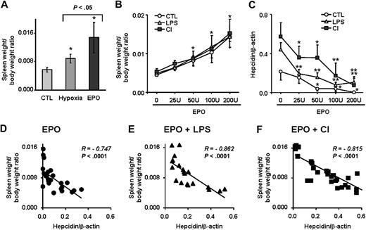 Figure 7. Relationship between erythropoiesis rate and hepatic hepcidin expression. (A) Spleen weight–body weight ratio in control, hypoxic, and EPO-treated mice (50 U for 4 days). (B) Spleen weight–body weight ratio and (C) hepatic hepcidin expression in mice treated with increasing amounts of EPO (total dosage over 4 days is shown) alone (CTL) and in combination with LPS or CI-supplemented diet (CI). (A-C) Data are presented as means plus or minus SD with n = 5 to 6 mice per group. Statistical analysis was performed by 1-way ANOVA; *P < .01 and **P < .001 for comparison with control mice. (D-F) Negative correlation between spleen weight–body weight ratio and hepatic hepcidin expression in mice treated with increasing amounts of EPO: (D) alone (EPO); (E) in combination with LPS (EPO + LPS); and (F) in combination with CI-supplemented diet (EPO + CI). Hepatic hepcidin expression was quantified by real-time RT-PCR and normalized to β-actin. The hepcidin/β-actin ratios are shown.