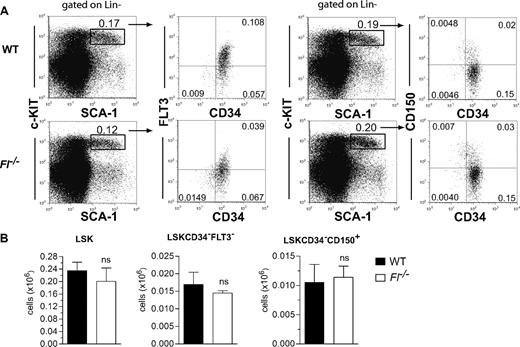 Figure 1. FLT3 ligand is dispensable for steady-state maintenance of adult HSCs. (A) Representative fluorescence-activated cell sorting (FACS) plots for analysis of LSKCD34−FLT3− and LSKCD34−D150+ cells in 9- to 10-week-old WT and Fl−/− mice. Numbers indicate frequencies of populations within indicated gates or quadrants of total BM cells. Cells have first been gated on Lin− cells as indicated. (B) Mean (SEM) numbers of LSK, LSKCD34−FLT3−, and LSKCD34−CD150+ cells in BM (per 2 tibiae and 2 femora) of 9- to 10-week-old WT and Fl−/− mice (n = 5 per genotype). ns indicates not significant.