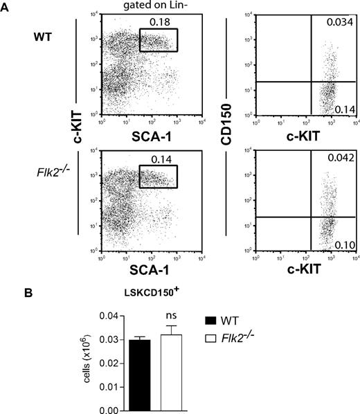 Figure 4. FLT3 receptor is dispensable for steady- state maintenance of adult HSCs. (A) Representative FACS plots of LSK and LSKCD150+ cells in BM of 9- to 18-week-old WT and Flk2−/− mice. Numbers indicate frequencies of populations within indicated gates or quadrants of total BM cells. Cells have first been gated as Lin− as indicated. In the right panels, only gated c-KIT+ cells are displayed. (B) Mean (SEM) numbers of LSKCD150+ cells in BM (per 2 tibiae and 2 femora) of 9- to 18-week-old WT and Flk2−/− mice (n = 8-10 per genotype), from at least 2 different litters. ns indicates not significant.