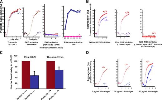 Figure 3. PKC-mediated aggregation is absent in pleckstrin-null platelets. (A) In contrast to their response to thrombin, washed pleckstrin-null platelets completely fail to aggregate in response to all doses of the PKC stimulant, PMA (25-600 nM). The third tracing from the left shows that the effect of PMA on platelet aggregation is completely ablated by the PKC inhibitor, GF109203x. The dose response was derived from 3 experiments. (B) The presence of a PI3K inhibitor completely eliminates the ability of pleckstrin-null platelets to aggregate in response to the peptide agonist of PAR4 (250 μM). Inhibition of wild-type platelets with both a PI3K inhibitor (LY294002) and PKC inhibitor (GF109203x) resulted in a total loss of aggregation in response to 250 μM of the PAR4 peptide agonist. The results are representative of 3 experiments. (C) Loss of pleckstrin also impairs the binding of Jon/A, an antibody that only recognizes the activated form of αIIbβ3. The mean and SD are derived from 6 experiments with PMA (P < .001) and 10 experiments with thrombin (P < .001). (D) The addition of exogenous fibrinogen reverts the aggregation defect of washed platelets lacking pleckstrin in response to 300 nM PMA. These results are representative of 3 experiments.