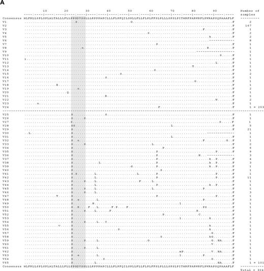 Figure 2. Amino acid sequence analysis of HTLV ORF-I from ex vivo proviral DNA samples from HTLV-1–infected individuals. (A) Amino acid sequence alignment for p12I variants from ex vivo proviral DNA samples from HTLV-1–infected individuals. DNA provirus fragment corresponding to ORF-I was amplified by PCR from PBMCs of 9 new patients, and the putative amino acids sequence of p12I was compared with previously published p12I sequence from our and other laboratories.3,23–28 Consensus sequence is based on cosmopolitan type B samples (proline at position 23). Sequences V1-V24 are cosmopolitan type B variants and sequences V25-V65 are cosmopolitan type A variants (serine at position 23). The number of identical samples for each variant is given in the right column. Matches identical to the consensus sequences are represented by “.”; nonidentical matches are either in lowercase (if similar residues) or capital letters. There are 4 variants (V6, V9, V30, and V36) with premature termination represented by “−”. The shaded sequences indicate a cluster of changes proximal to the second proteolytic cleavage site. The 9 samples amplified with the primers described in “Methods” belong to variants V29, V46, V48-52 (1 sample each), and V34 (2 samples).