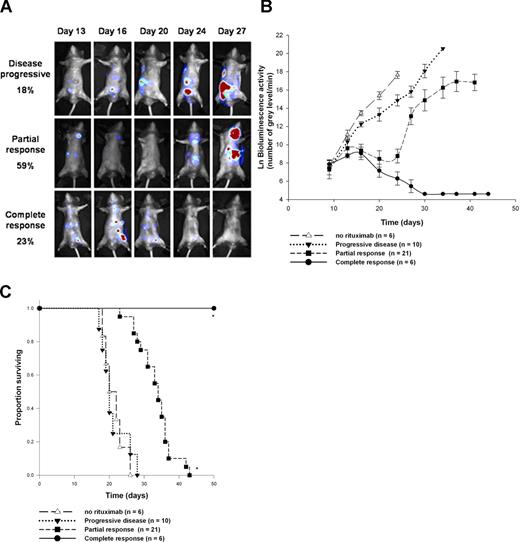 Figure 2. Variability of response to rituximab on preestablished lymphoma tumors. (A) Bioluminescent imaging pictures: a group of 37 mice was administered 20 mg/kg rituximab on day 13 and 23% of CR, 59% of PR, and 18% of PD were observed. (B) In vivo tumor growth assessed by BLI in mice in PD (▼), PR (■), or CR (●) after infusion of 20 mg/kg rituximab (P < .001). (C) Survival was significantly increased in mice in CR (●) compared with those in PR (■), PD (▼), or control group receiving PBS (△) on D13. *P < .05.