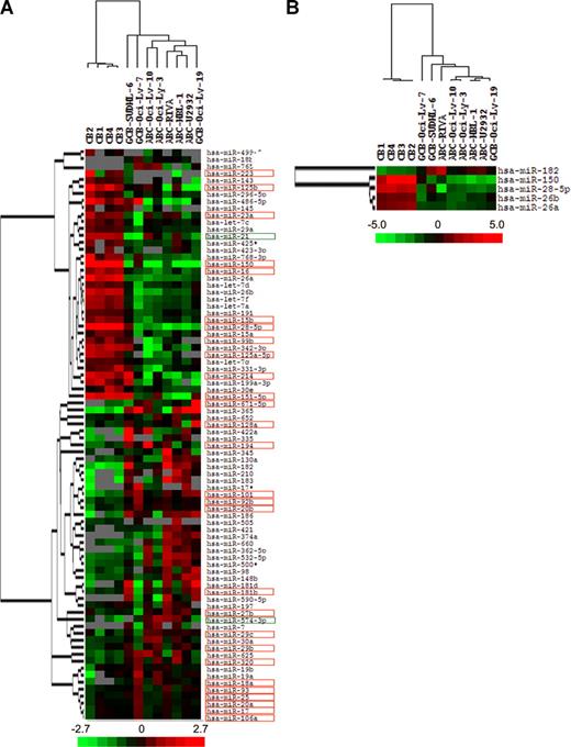 Figure 6. Cell lines versus normal centroblast miRNA expression comparison. (A) Hierarchical clustering of cell lines and their normal counterparts (centroblasts) using the 82 miRNAs with differential expression between these 2 groups based on SAM analysis. miRNAs comprising the 39 miRNA cell-of-origin classifiers are framed in red; miRNAs with differential expression between DLBCL subtypes are framed in green. (B) Classifier of 5 miRNAs obtained from the PAM algorithm to differentiate DLBCL cell lines from their normal counterparts. Mean centered log ratios for each miRNA are represented. Missing values are in gray. CB indicates centroblast; GCB, germinal center–like DLBCL; and ABC, activated B cell–like DLBCL.