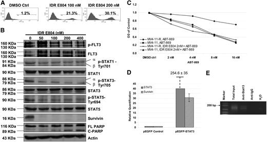 Figure 5. IDR E804-induced apoptosis and sensitized MV4-11-R to ABT-869. (A) Two million cells of MV4-11-R were treated with either DMSO control or IDR E804 at concentrations of 100 and 200 nM for 48 hours. Cells were then washed and stained with annexin V–FITC for apoptosis assay. The shown graphs represent 3 independent experiments. (B) MV4-11-R cells (10 × 106) were cultured with DMSO control or IDR E804 at concentrations of 50, 100, 200, and 400 nM for 48 hours. The IP of p-FLT3 receptor was performed as in Figure 1. Cells were washed, lysed, and subjected to 10% to 12% SDS-PAGE. Western blot analyses were detected with the indicated antibodies for the assessment of the expression level changes in STAT pathway molecules and Survivin, PARP, and cleaved PARP. Actin was used as a loading control. (C) MV4-11-R and MV4-11 cells were treated with various concentrations of ABT-869 alone or together with 2 nM IDR E804 for 48 hours. MTS assay was used to determine the viable cell number. Means are shown for 3 replicated experiments. (D) After parental MV4-11 cells were transiently transfected with pEGFP empty vector or pEGFP-STAT3 for 48 hours, RNA was extracted, followed by cDNA synthesis and relative quantification by RQ-PCR. The baseline expression of STAT3 and survivin in MV4-11 cells transfected with pEGFP vector was set as 1.0. The relative quantification of STAT3 in MV4-11 cells transfected with pEGFP-STAT3 was 354.6 ± 35 from 3 independent experiments. (E) ChIP assays were done using anti-STAT3 antibody or control anti-IgG antibody. PCR primers for the survivin gene promoter were applied to detect promoter fragment in immunoprecipitates. PCR controls included total sheared chromatin (total input), DNA isolated through the negative control IgG-ChIP, and no DNA at all (H2O).